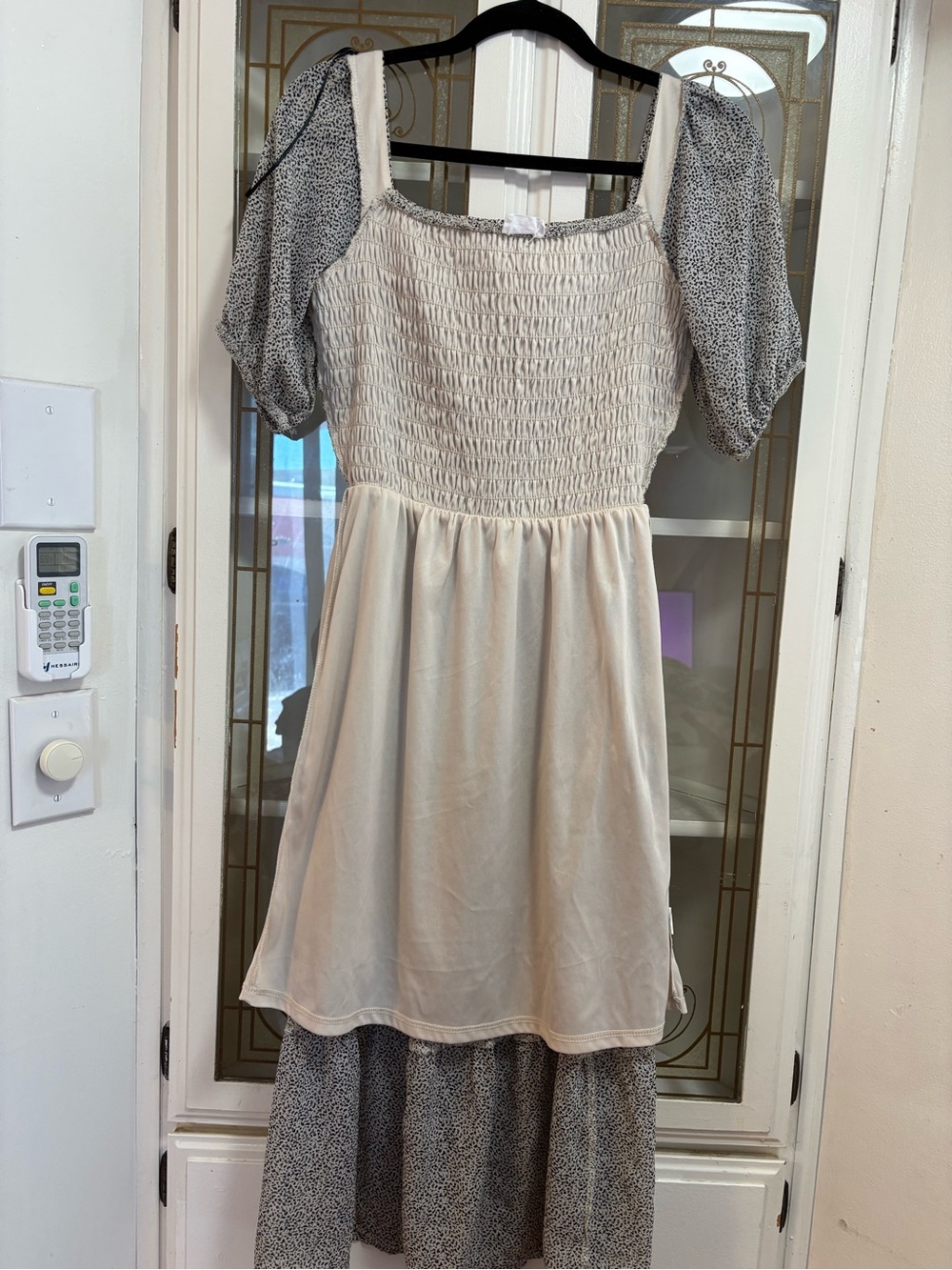 Sienna Sky Smocked Square-Neck Midi Dress in Light Taupe Print - Picture 7 of 7